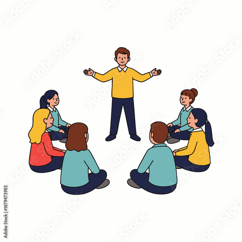 A diverse group of individuals actively participates in a collaborative meeting, sitting in a circle while a leader facilitates discussion and engagement.