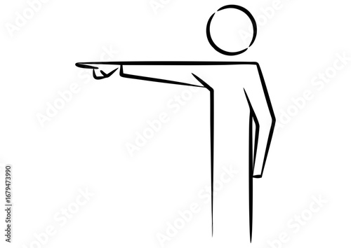 Pointing character illustration, alert mood, indicating direction, white background with copy space