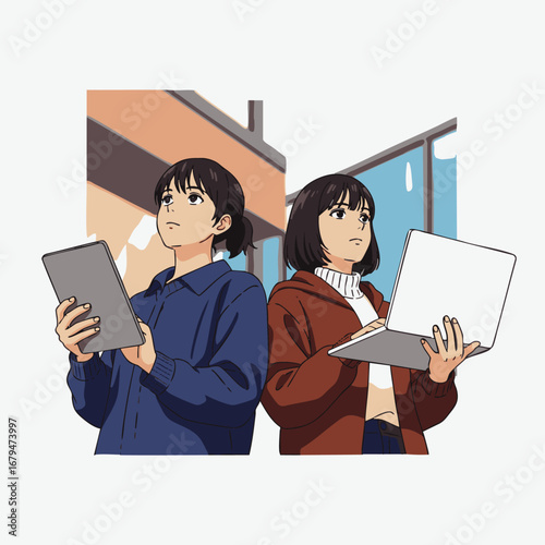 Two focused young individuals, rendered in an engaging anime style, utilize modern digital devices like a tablet and laptop, symbolizing contemporary learning and connectivity.