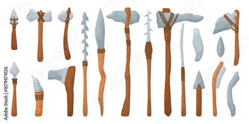 Stone age hunting elements. Primitive crafting and life tools. Axes, hammerstone, arrowhead fishing hook. Primal stones equipment neoteric vector set