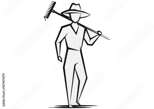Farmer character illustration, relaxed mood, holding a rake, white background with copy space