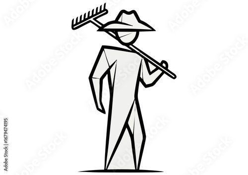 Farmer character illustration, relaxed mood, holding a rake, white background with copy space
