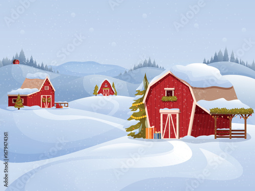 Red barns christmas background. Countryside snowy landscape with red wooden houses with holiday festive decorations. Winter nature sapid vector illustration