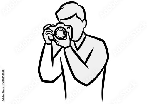 Photographer capturing moments passionately with camera on white background with copy space
