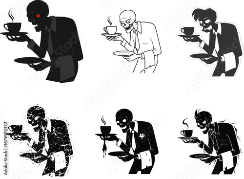 Creepy zombie waiters serving hot coffee, horror undead baristas illustration, spooky skeleton cafe staff for Halloween or dark humor projects