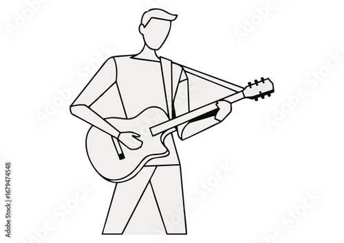 Young boy playing guitar happily with light background