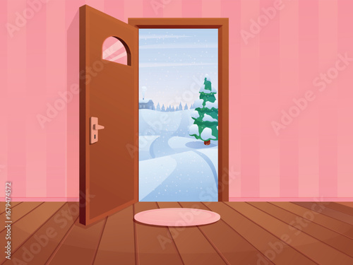 Entrance door open. Cartoon exit with winter outdoor rural landscape. Opened home, snow, neighbors, fir tree and snowdrifts. Cartoon sapid vector scene