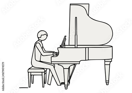 Pianist playing music passionately at grand piano on white background with copy space