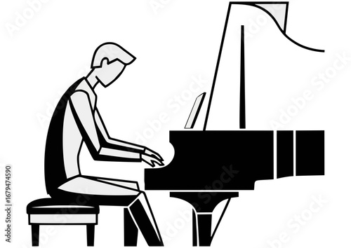 Pianist playing music passionately at grand piano on white background with copy space