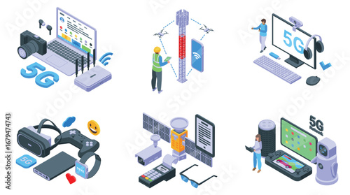 5g isometric concept. Modern wifi technologies, smart gadgets and positive icons. People using laptop, smartphone. Different devices nifty vector scenes