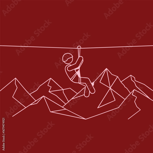 A minimalist illustration of a person zip-lining across a mountainous landscape, showcasing adventure and nature