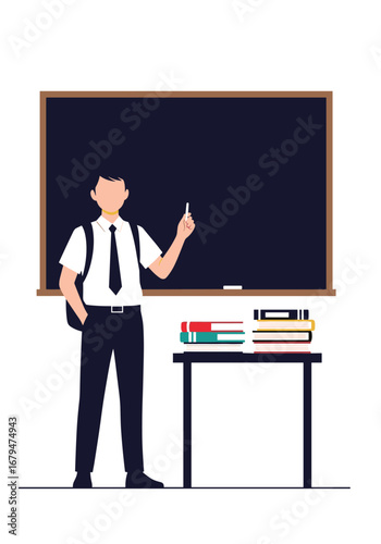 Young student standing in front of a chalkboard holding chalk ready to teach