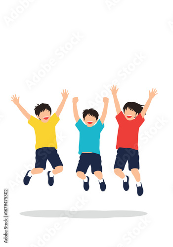 Three happy children jumping up with their arms raised in excitement