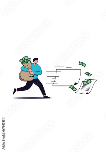 Man running with sack of money dropping cash while hurrying to pay bills