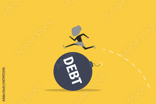 Business woman jump the huge boom debt