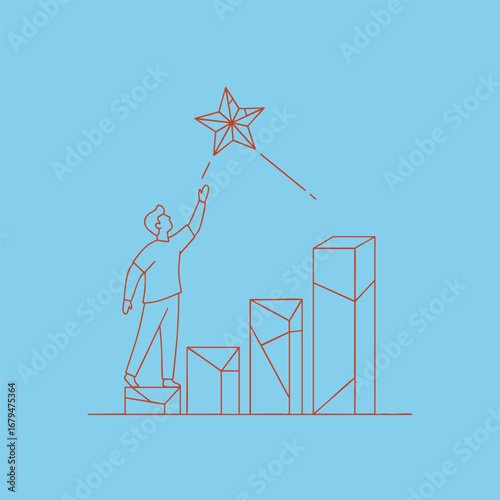 A person reaching for a star above a rising bar graph, symbolizing ambition and growth in a vibrant blue background