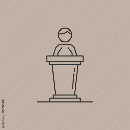 Minimalist illustration of a person standing at a podium, delivering a speech in a neutral setting with soft colors