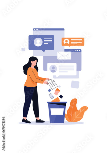 Woman discarding unnecessary data and information from digital interfaces