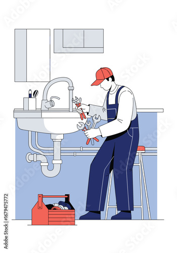 Professional plumber working on sink faucet with plumbing tools and toolbox