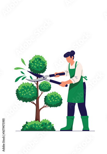 Gardener carefully pruning lush green bushes and a small tree with shears