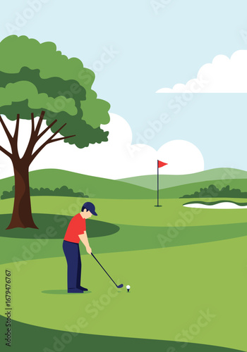 Golfer prepares to strike the ball on a lush green course on a sunny day