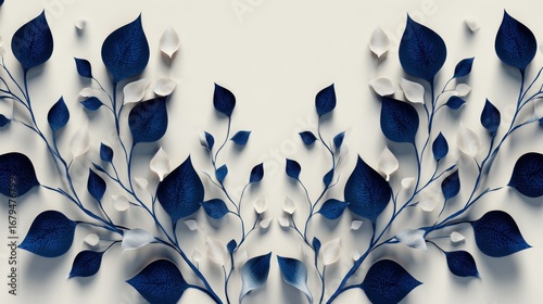 Fototapeta Naklejka Na Ścianę i Meble -  Symmetrical floral arrangement of deep blue and cream leaves