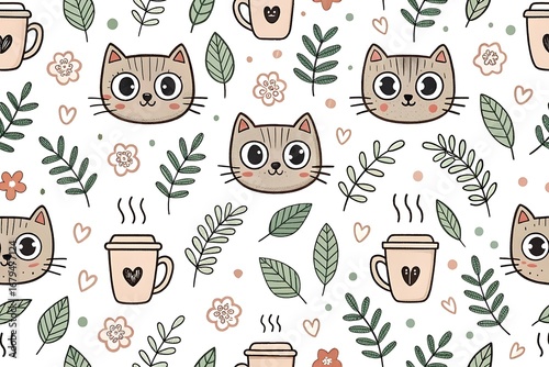 A charming seamless pattern features adorable cats, coffee mugs, and leafy branches, creating a cute and cozy design perfect for various creative projects