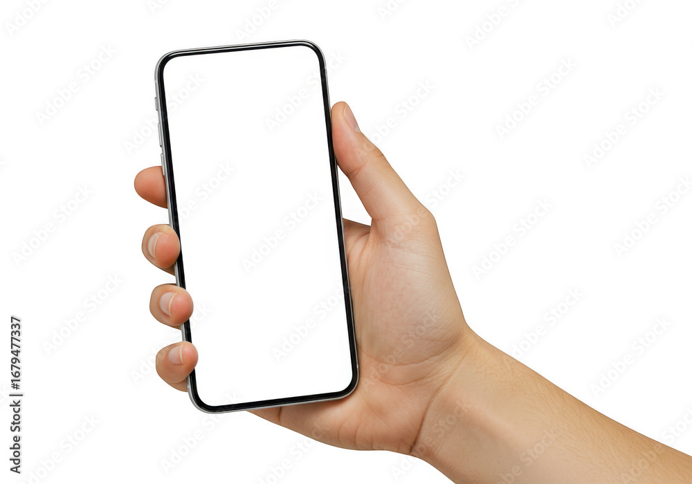 Person holding smartphone with blank white screen modern mobile device technology transparent background