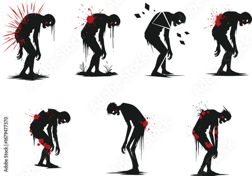 Dark zombie silhouettes with blood splatter, horror undead creatures in creepy poses, grunge Halloween theme, spooky vector illustration design