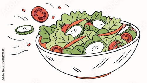 Illustration of a bowl filled with a fresh salad with tomatoes cucumbers and carrots and lettuce leaves created with generated ai
