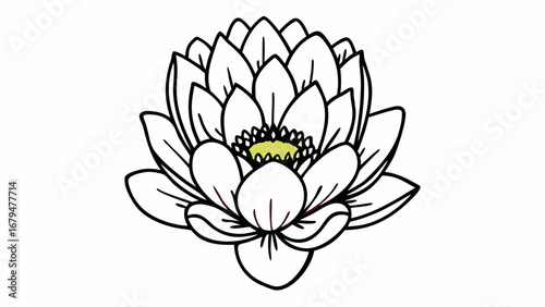 Detailed outline of a white lotus flower with a yellow center and multiple layers of petals design created with generated ai