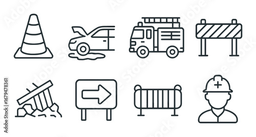 Monochrome icons of traffic cone, car, fire truck, barrier, construction signs