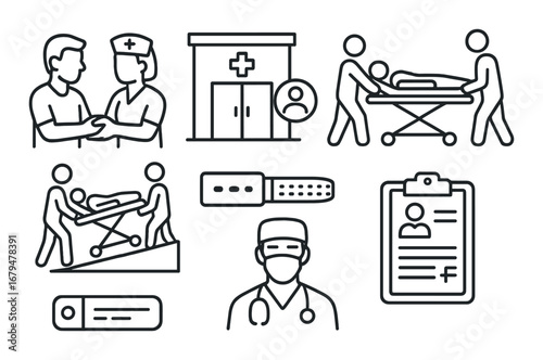 Medical icons featuring hospital, healthcare workers, patient on stretcher, doctor, medical bracelet, clipboard