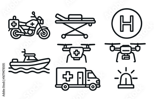 Emergency transportation icons set featuring ambulance, drone, helicopter, boat, motorcycle, and stretcher