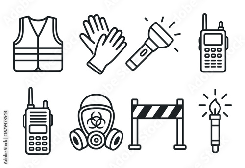 Safety equipment icons: vest, gloves, flashlight, radio, mask, barrier, torch