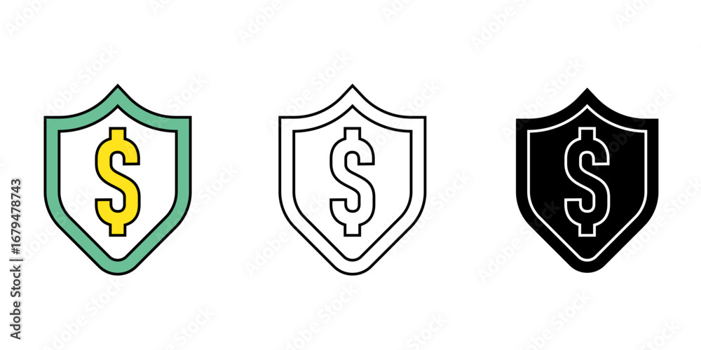 Fototapeta premium Money safety icons set, financial security and dollar protection shield symbols banking, investment, business, insurance projects vector illustration.