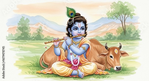 Young Lord Krishna Playing Flute Beside a Cow.