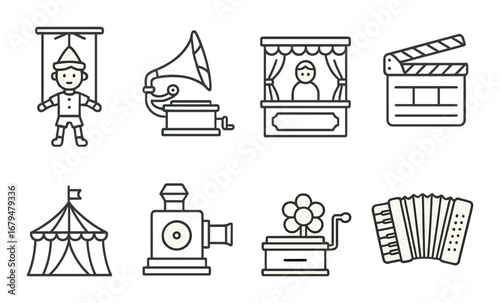 Vintage entertainment icons: puppet, gramophone, theatre, clapperboard, circus, camera, hand crank, accordion