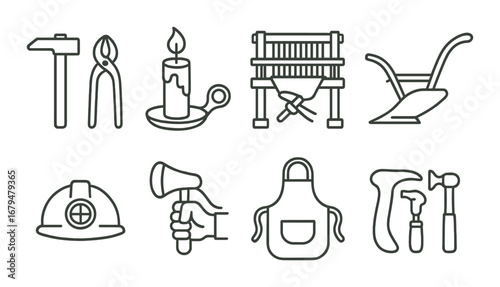 Vintage tools icons collection featuring candle, loom, anvil, and hammer