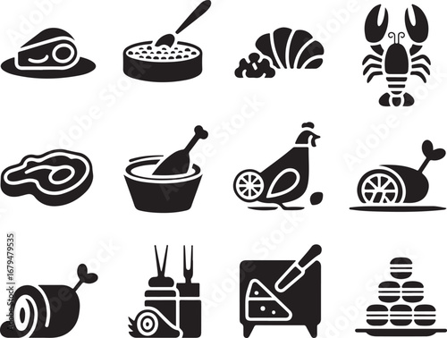 Gourmet Food Icons Silhouette Set Featuring Steak, Caviar, Lobster, and Roasted Chicken