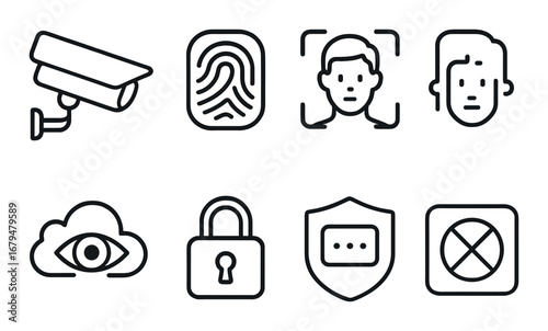 Security icons featuring surveillance camera, fingerprint, facial recognition, cloud, lock, shield, and privacy symbols