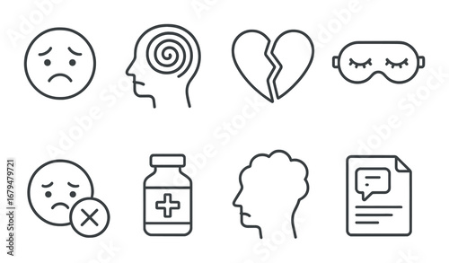 Black and gray mental health icons: sadness, sleep, medication, awareness