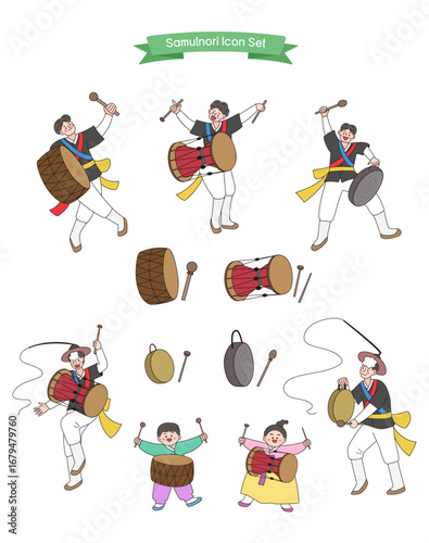 Korean Traditional Samulnori Music Instrument Icon Illustration Set