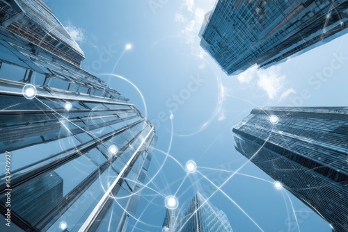 Urban cityscape with interconnected network.  Modern skyscrapers, glass facades, and a network of light-blue lines and circles connect them, creating a futuristic cityscape view