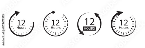 12 Hours clock icon concept, simple flat design. Clipart vecot in black colors