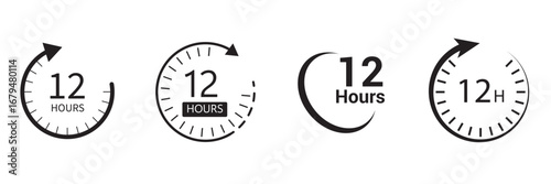 12 hours service icon vector set. 12 hours service duration sign. Vector Set of Hour Labels. 12 hours clock arrow icons, work and delivery time symbols. 12hr support sign collection.