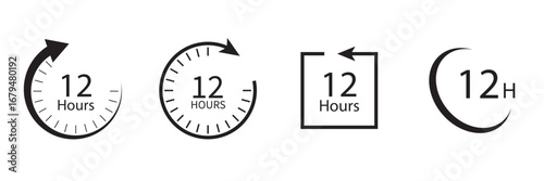 12 Hours clock icon concept, simple flat design. Clipart vecot in black colors
