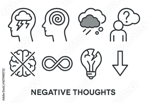 Abstract representation of negative thoughts with icons on a dark background