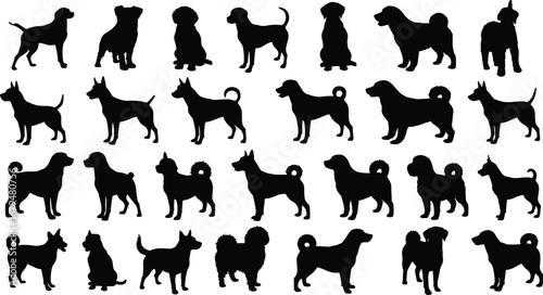 Dog silhouette vector illustration set of different breeds in black shadows, pets standing and sitting design for animal, domestic, and lifestyle