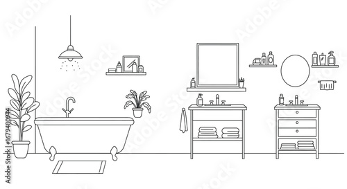 A line drawing of a bathroom with a bathtub and sink area